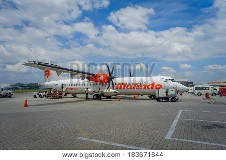 George Town, Malaysia - March 10, 2017: Malindo airplane in Penang Airport, subsidiary to the second largest low-cost airline in Southeast Asia, Lion Air