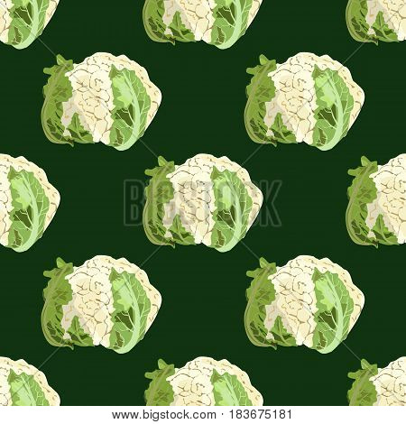 Cauliflower seamless patern on green background. Hand drawn vector illustration. Watercolor imitation. Healthy concept, vegan food. Textile, wallpaper.