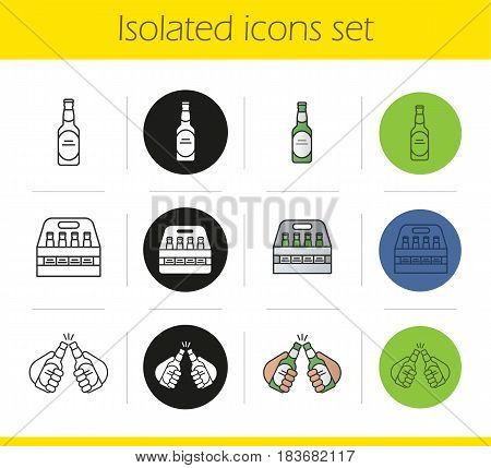 Beer icons set. Linear, black and color styles. Toasting beer bottles in hands, bottle, box. Isolated vector illustrations