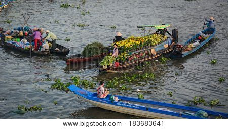 Wooden Boats On Mekong River In Southern Vietnam