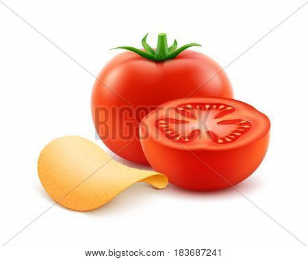 Vector Potato Crispy Chips with Red Tomato Close up Isolated on White Background