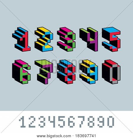 Cybernetic 3d numbers pixel art vector numeration. Pixel design elements contemporary dotted digits made in technology style.