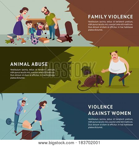 Social aggression horizontal banners with parents shouting at children animal abuse and violence against woman vector illustration