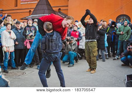 Russia. Moscow. Red Square. February 26, 2017. mass brawl of hooligans and fans in the center of Moscow. Street Fight