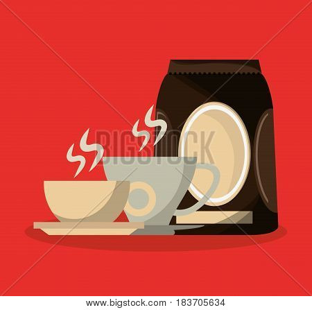 colorful background set porcelain cup with packaking of coffee vector illustration