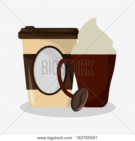 cup of capuccino with cream and glass disponsable for hot drinks and grain of coffee vector illustration