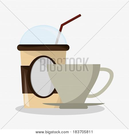 glass disponsable for hot drinks with lid and porcelain crockery and cup vector illustration