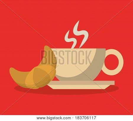 background porcelain cup of coffee in crockery with croissant vector illustration