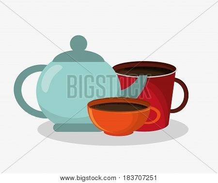 porcelain tea kettle with set mug and cup of coffee vector illustration