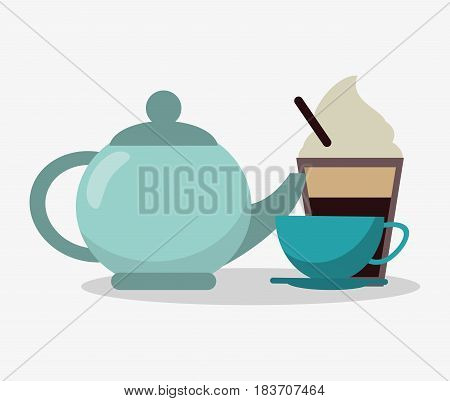 porcelain tea kettle with cup of coffee and glass disponsable of cappucino with cream vector illustration