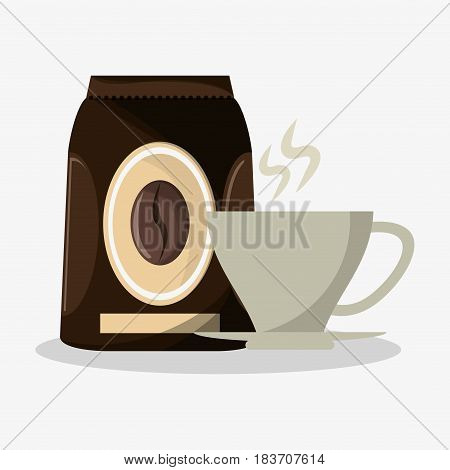 packaking of coffee and porcelain cup with steam vector illustration