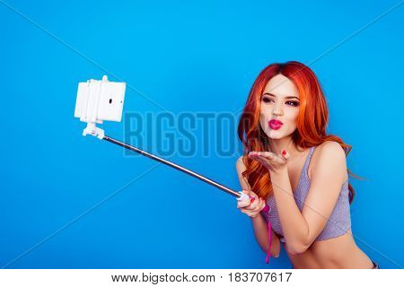 Portrait Of Pretty Charming Stylish Funny Happy Carefree Girl With Cute Face Make Selfie Photo With