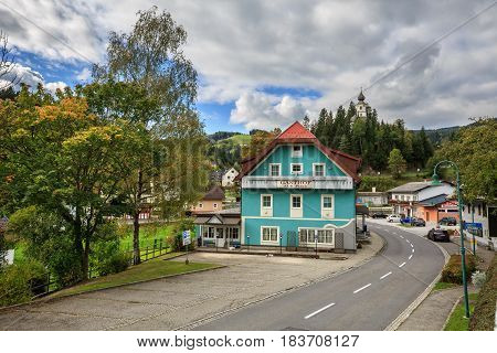 ST.KATHREIN-AM-HAUENSTEIN/ AUSTRIA - OCTOBER 9, 2016. Austrian town St.Kathrein-am-Hauenstein with the old church of Saint Catherine on a hill. Federal state Styria, Austria.
