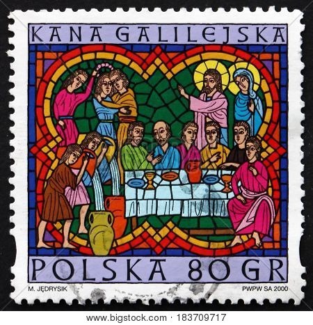 POLAND - CIRCA 2000: a stamp printed in Poland shows Wedding at Cana Scene from the Life of Jesus Christmas circa 2000