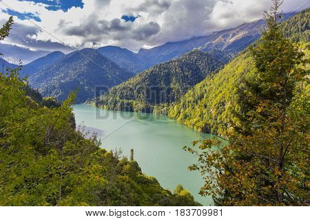 Beautiful summer view on mountain lake Ritsa, Abkhazia