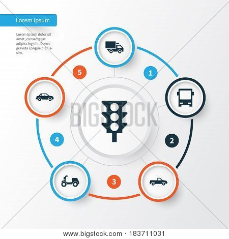 Shipment Icons Set. Collection Of Cabriolet, Van, Omnibus And Other Elements. Also Includes Symbols Such As Autobus, Moped, Car.