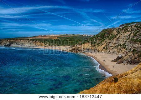Ericeira Portugal. 13 April 2017.Ribeira de Ilhas in Ericeira.Pedra Branca beach is Part of the World Surfing Reserve and its right outside Ericeira Village. Ericeira Portugal. photography by Ricardo Rocha.