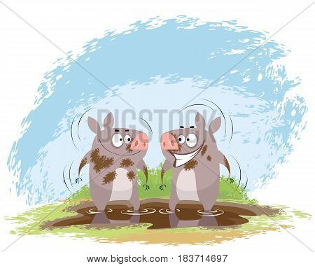 Vector illustration of a two boars in mud