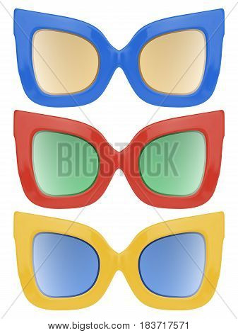 Realistic vector mulricolor illustration of sun protection sunglasses with vivid multicolored abstract gradient mesh on light background