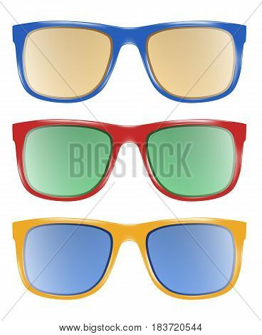 Realistic vector mulricolor illustration of sun protection sunglasses with vivid multicolored abstract gradient mesh on light background