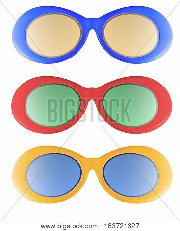 Realistic vector mulricolor illustration of sun protection sunglasses with vivid multicolored abstract gradient mesh on light background