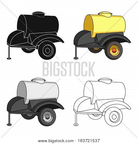 Black trailer on wheels with yellow barrel. Agricultural machinery for watering plants.Agricultural Machinery single icon in cartoon style vector symbol stock web illustration.