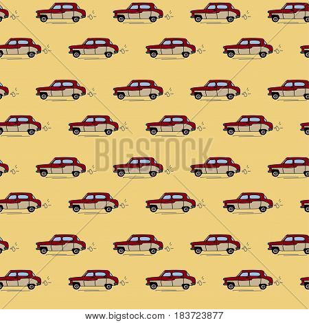 red car on yellow background, hand drawn seamless pattern with cars