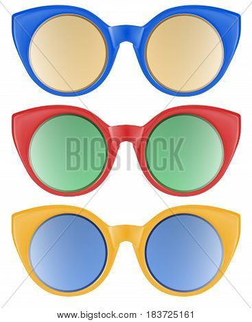 Realistic vector mulricolor illustration of sun protection sunglasses with vivid multicolored abstract gradient mesh on light background