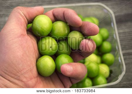 A handful of sour plums,  Salt and plum food is very tasty. There are a handful of sour plums, sour plums for pregnant women, ant women,