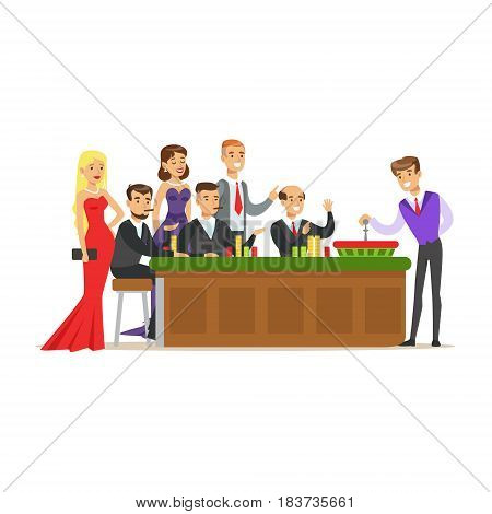 People placing bets on roulette table in casino. Group of people gambling at roulette table in casino. Colorful cartoon character vector Illustration isolated on a white background