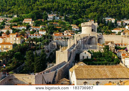 Protective city wall and Minceta tower in Dubrovnik, Croatia.