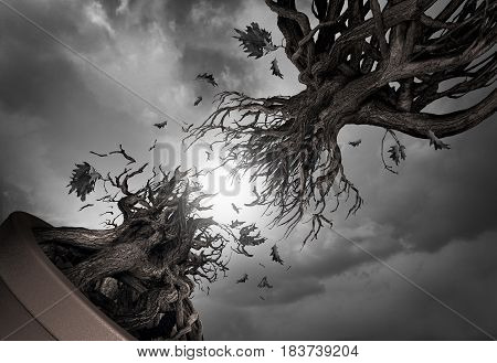 Freedom symbol and liberty concept as a tree separating from the root as a metaphor for ambition or aspiration with 3D illustration elements.