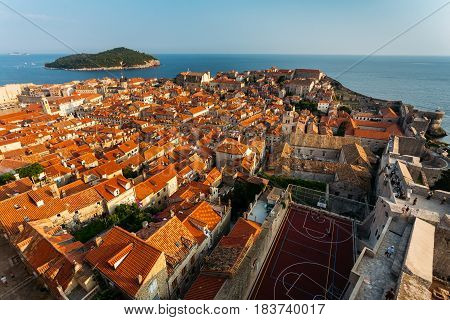 Panoramic view from the Minceta tower to the entire old part of the city to Dubrovnik, Croatia