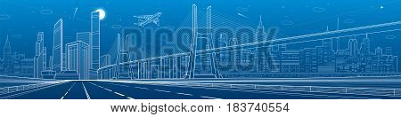Infrastructure panorama. Large cable-stayed bridge. Airplane fly. Empty highway. Night modern city on background, towers and skyscrapers, urban scene, vector design art
