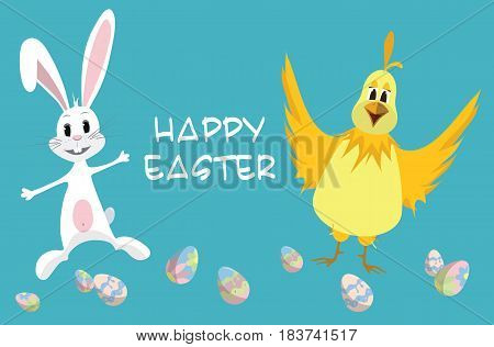 Cheerful cartoon rabbit and chicken - Easter greeting card.