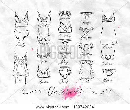 Set of classic underwear icons in vintage style drawing with lines