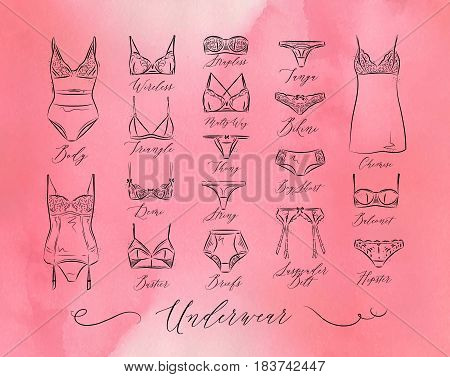 Set of classic underwear icons in vintage style drawing with lines on pink background