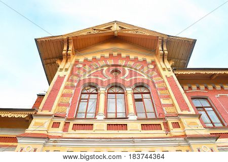 Fragment of building railway station Mozhayskaya in Leningrad Region Russia.