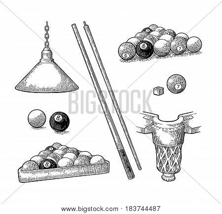 Set billiard. Cue sticks, balls, chalk block, pocket and lamp.Vintage black engraving illustration for poster, web. Isolated on white background.