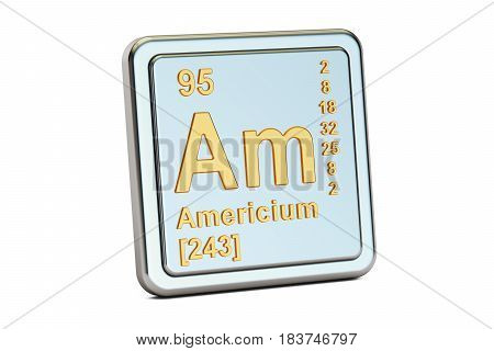 Americium Am chemical element sign. 3D rendering isolated on white background