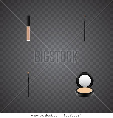 Realistic Brow Makeup Tool, Blusher, Contour Style Kit And Other Vector Elements. Set Of Maquillage Realistic Symbols Also Includes Powder, Lipstick, Contour Objects.