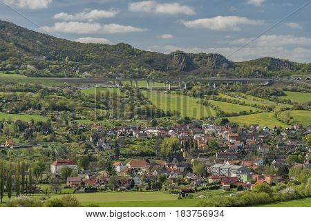 Village Prackovice in valley of river Labe in spring sunny nice day