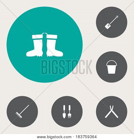Set Of 6 Farm Icons Set.Collection Of Rake, Tools, Rubber Boots And Other Elements.