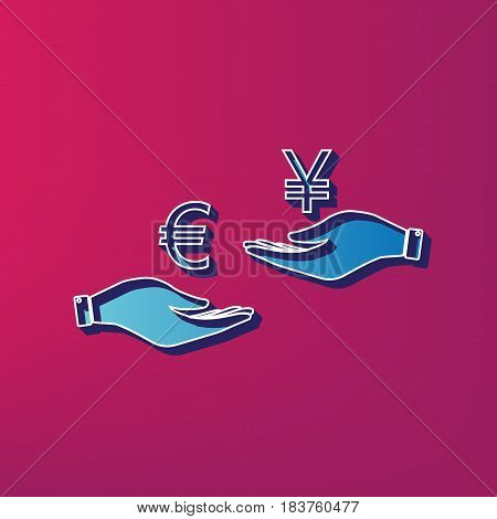 Currency exchange from hand to hand. Euro and Yen. Vector. Blue 3d printed icon on magenta background.
