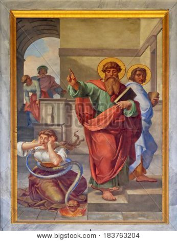 ROME, ITALY - SEPTEMBER 05: The fresco with the image of the life of St. Paul: The Exorcism of the Slave Girl, basilica of Saint Paul Outside the Walls, Rome, Italy on September 05, 2016.