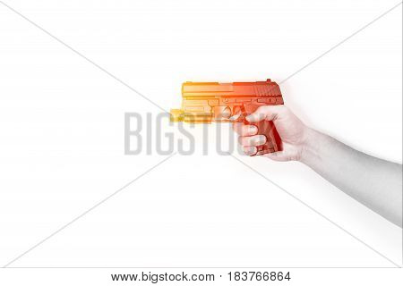 Male Hand Hold Pistol Gun or Automatic Handgun with light fire isolated on white.