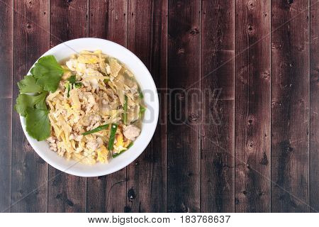 Fried Egg And  Ginger With Minced Pork In Soup.