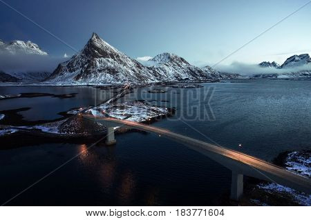 Olstind Mount and bridges, aerial view. Lofoten islands, Norway