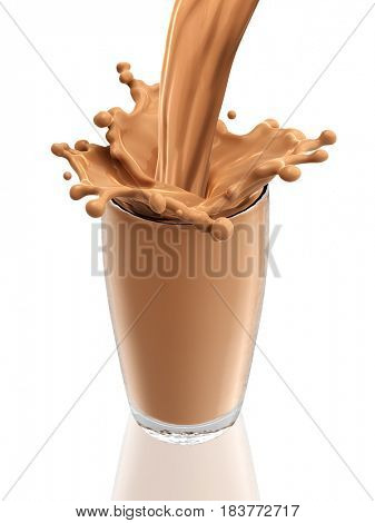 Splash of chocolate milk from the glass on isolated white background. 3d rendering