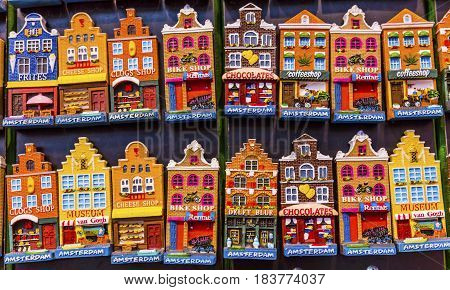 AMSTERDAM, NETHERLANDS - MARCH 30, 2017 Ceramic House Magnets Sovenirs Amsterdam Holland Netherlands